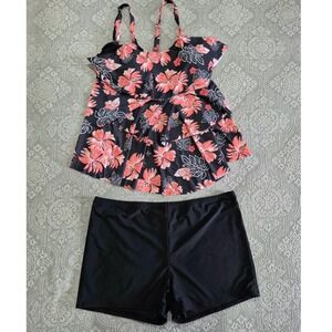 Yonique Tankini Swimsuit Set Floral‎ Ruffle Top Black Shorts New With Tags 26W